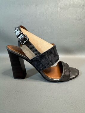 Coach Rylie Metallic Slingback Sandals 8.5 Saddle Logo G3173 Block Heel Monogram